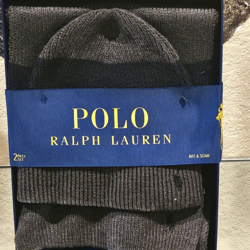 Polo Ralph Lauren PONY Hat & Scarf Set Ribbed Knit Navy / Grey 2 Piece Set.